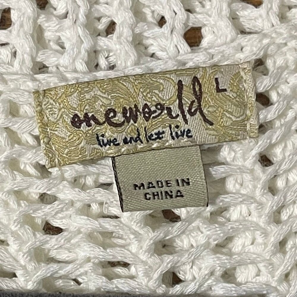 One World Womens Size L Off White Short Sleeve Crochet Knit Top - Picture 4 of 9
